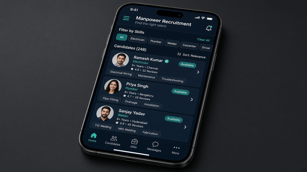 Zuke Manpower Database mobile app UI for iOS and Android